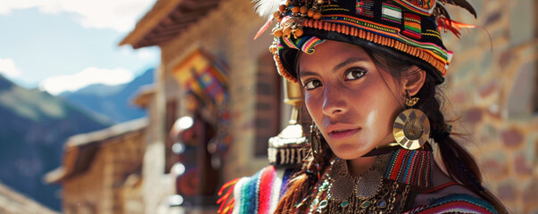 Close-up of a woman in traditional Andean clothing with vibrant accessories