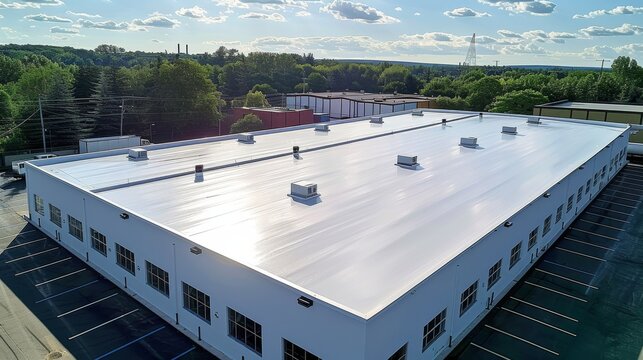 Seamless white PVC commercial flat roof of factory, summer day. Aerial high view. Generative AI.
