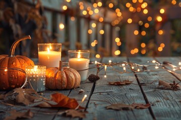 Obraz premium Autumn Ambiance with Pumpkins and Candles on Wooden Table