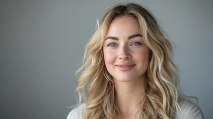 Fototapeta premium Blonde woman portrait in studio with fresh makeup and long hair