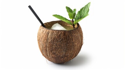 A tropical drink in a coconut shell isolated on a white background