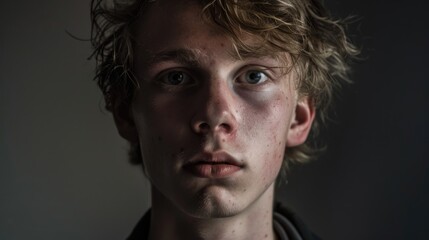 Intense Portrait of a Young Caucasian Man with Curly Hair