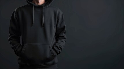 Man in black hoodie with hands in pockets on a dark textured background.