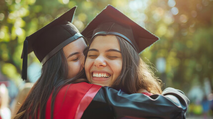 Joyful graduates sharing a heartfelt hug at their graduation ceremony