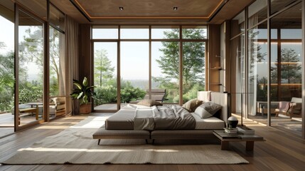 Luxurious bedroom interior with panoramic forest view.