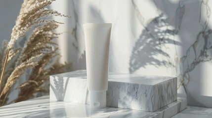 Elegant White Skincare Tube on Marble Display with Shadows