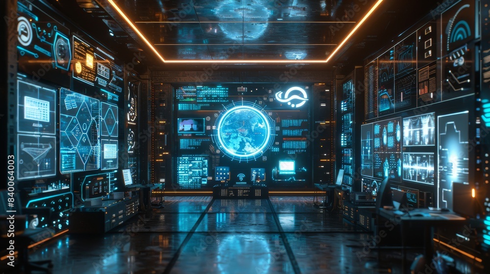 Poster in the world of future iot holograms in the workplace for human networking and large data mockup are
