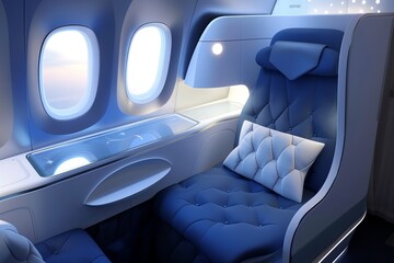 Luxurious airplane first-class seat with a window view, designed in modern style and comfort for long flights. Ideal for airlines to showcase upscale travel experiences in promotions. Generative AI