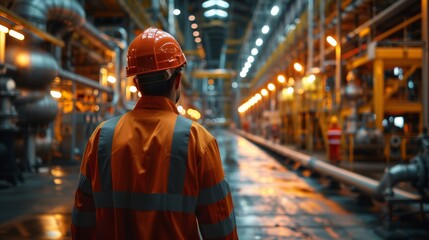 Heavy industry manufacturing factory is walked around by a man wearing a hard hat and safety mask. Generative artificial intelligence