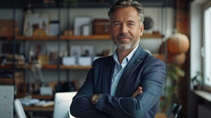 Fototapeta premium Businessman executive standing in office. Smiling mature professional manager, confident investor looking at camera, generative artificial intelligence.