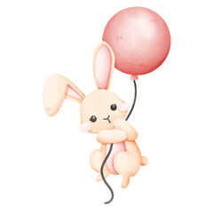 Bunny rabbit with balloon watercolor drawing