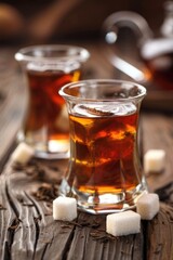 Two glasses of tea with brown sugar cubes. Close-up studio shot with blurred teapot in background.