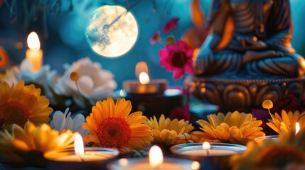 Buddha statue surrounded by candles and flowers under moonlight. Atmospheric festival photography.