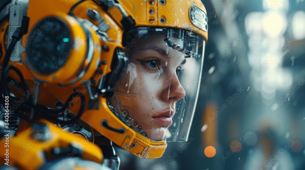 Poster an american engineering worker in a factory. generative artificial intelligence