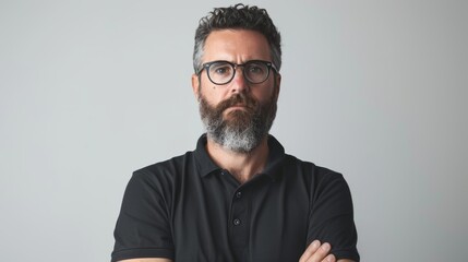 Fototapeta premium Studio of a bearded man wearing a black polo shirt, standing on a white background with short hair and glasses. Generational AI.