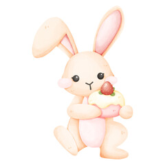 Bunny rabbit with cake watercolor drawing