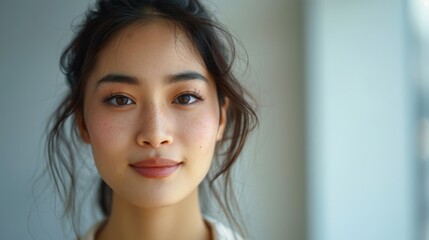 Naklejka premium Closeup photo of a beautiful Asian woman with a happy business woman and a blank space for content or a phrase. Generative AI