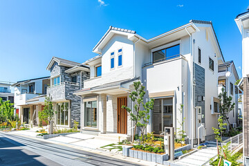 A newly built single family house in Japan, in a modern style with white walls and light gray wood accents, blue sky background, front view, a small garden on the side of each building, the photo take