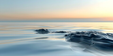 Obraz premium Minimalist 3D seascape with calm water black rocks and pastel blue sky. Concept Minimalist Art, 3D Seascape, Calm Water, Black Rocks, Pastel Blue Sky