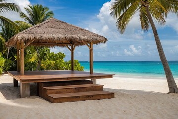 Empty podium gazebo for display and installation of product in In the tropical beach and sea, travel, vacation by the ocean, summer. The wedding arch. 