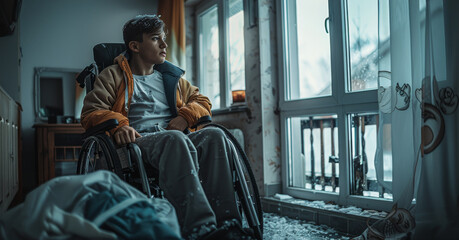 A young man sitting in a wheelchair, wearing a dirty tracksuit. He is depressed and lonely. He is sitting staring out of a window in his grey apartment. Generative AI.