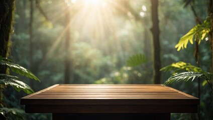 Empty wooden podium for display and installation of product in In the green rainforest and sunlight, travel, hiking, trekking, summer, mosquitoes repellent. 