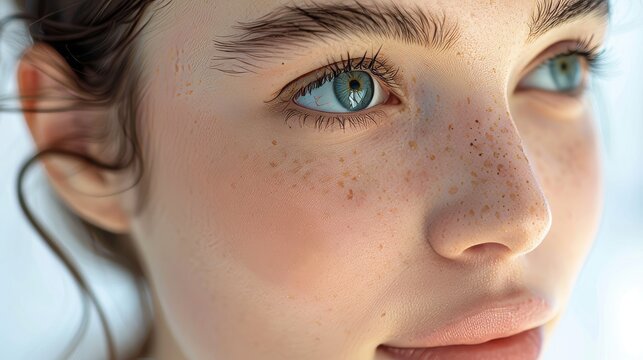 Stunning portrait of a woman with flawless smooth skin, isolated on a white background. Facebuilding.