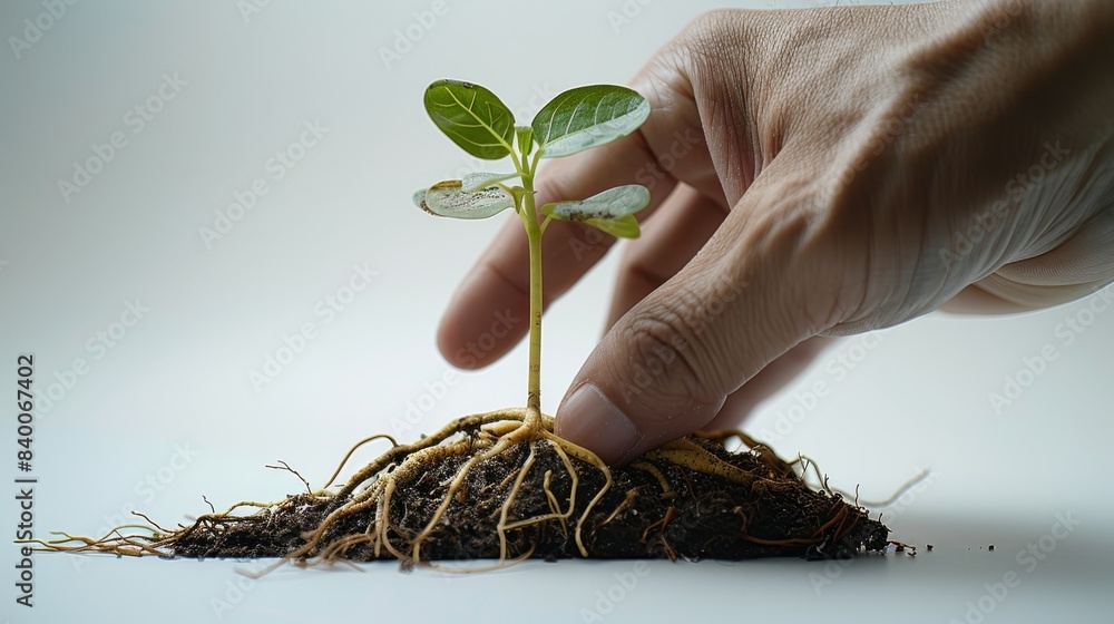 Poster a hand is gripping the stem of an uprooted plant using the thumb and forefinger. the roots are visib