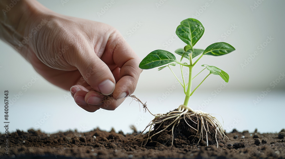Poster a hand is gripping the stem of an uprooted plant using the thumb and forefinger. the roots are visib