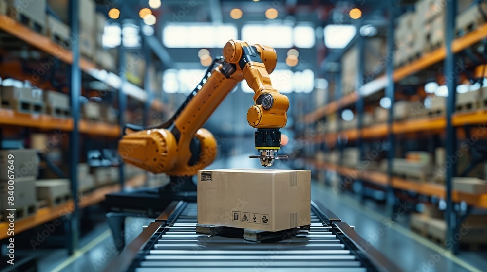 Poster a robotic arm grabs a cardboard box on a roller conveyor rack with a warehouse background in technol