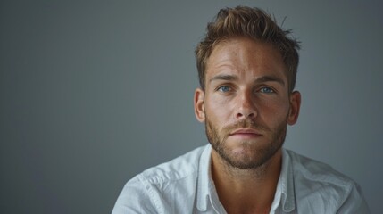 Obraz premium An individual in a white shirt on a background of gray