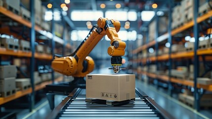Fototapeta premium A robotic arm grabs a cardboard box on a roller conveyor rack with a warehouse background in technology and artificial intelligence.