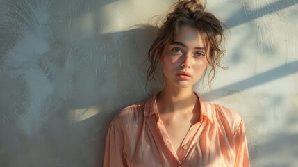 Woman in a peach-colored blouse against a light gray wall