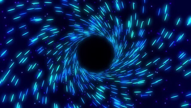 Blue spiral vortex tunnel animation, sparkling portal motion graphics