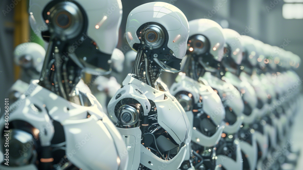 Poster a line of robots are working in a factory. the robots are all white and have a robotic appearance. t