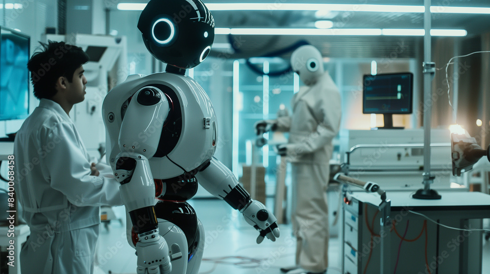Poster a robot is standing in front of a display of other robots. the robots are all white and have a robot