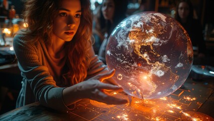 Team collaborating on a holographic globe, innovative workspace, sci-fi elements