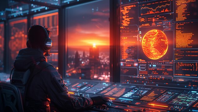 Developers in a futuristic office, coding with holographic screens, cyberpunk style