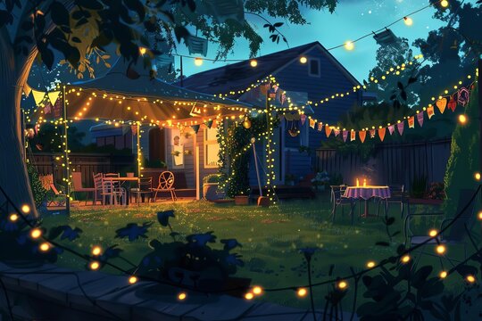 A backyard with a decorated tent for a class reunion, fairy lights and banners, evening, digital painting