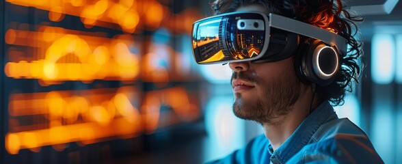 Customer support using AR glasses, modern and efficient workspace, bright tones