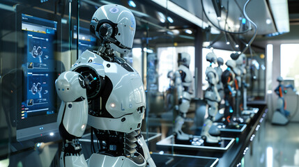 Fototapeta premium A robot is standing in front of a display of other robots. The robots are all white and have a robotic appearance. The display seems to be in a laboratory or a museum