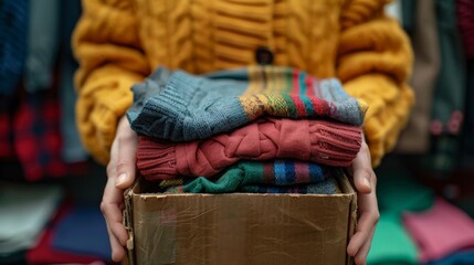 Clothing donation box filled with all colors of clothing held by volunteer hands