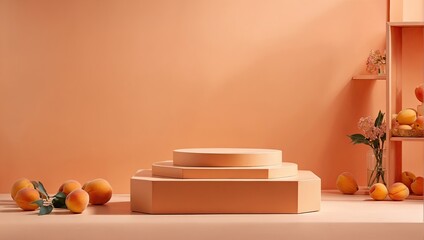 An empty geometric podium for the demonstration and installation of a product, cosmetics on a natural solid orange background on the wall and fresh peaches, minimalism