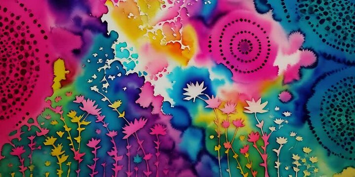 Colorful abstract tie-dye watercolor background with floral motifs.