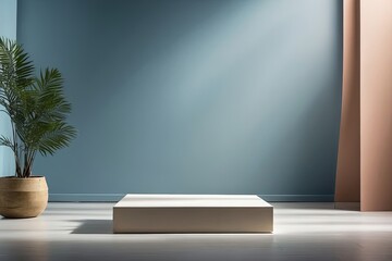 An empty geometric podium for the demonstration and installation of a product, cosmetics near the window in a room with chiaroscuro on the wall, ray of light, potted plant, minimalism