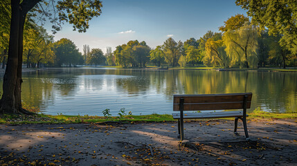 Fototapeta premium A rustic wooden park bench sits beneath a vibrant canopy of fall leaves, casting a blanket of red, orange, and yellow on the ground.