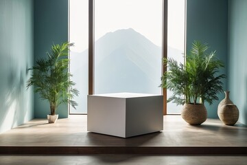 An empty geometric podium for the demonstration and installation of a product, cosmetics near the window in a room with mountain views, chiaroscuro on the wall, potted plant, minimalism