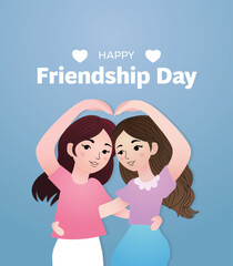 Happy Friendship Day Paper Cut Two Girls Hug Each Other and Make a Heart Shape With Two Hands