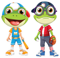 Two cartoon frogs dressed in baseball uniforms