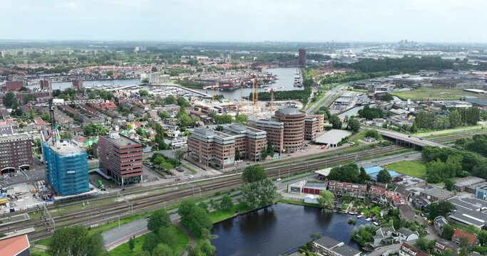 Zaandam, North Holland, The Netherlands, June 2th, 2024: Ahold Delhaize N.v. headquarters, private multinational in retail. Aerial view
